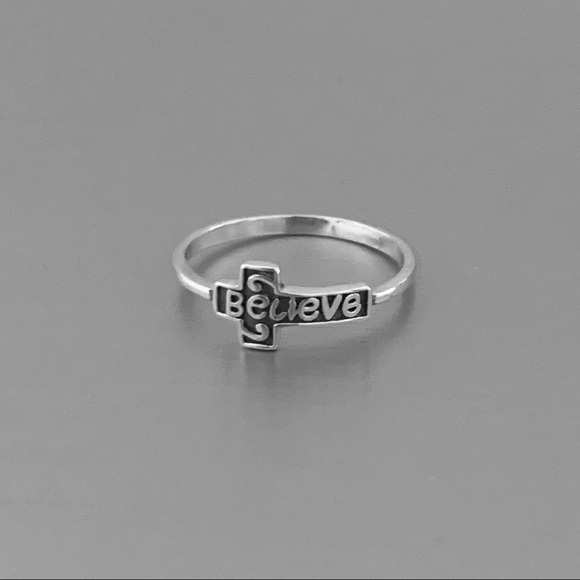 Sterling Silver Believe Sideway Cross Ring, Religious Jewelry, Silver Rings - Picture 3 of 8
